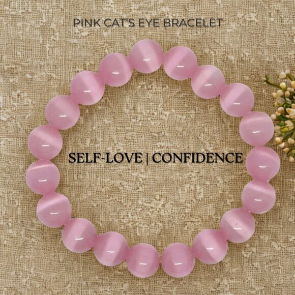 Pink Cat's Eye Gemstone Beaded Bracelet - 10mm Stretchy Crystal Jewelry - Picture 2 of 9